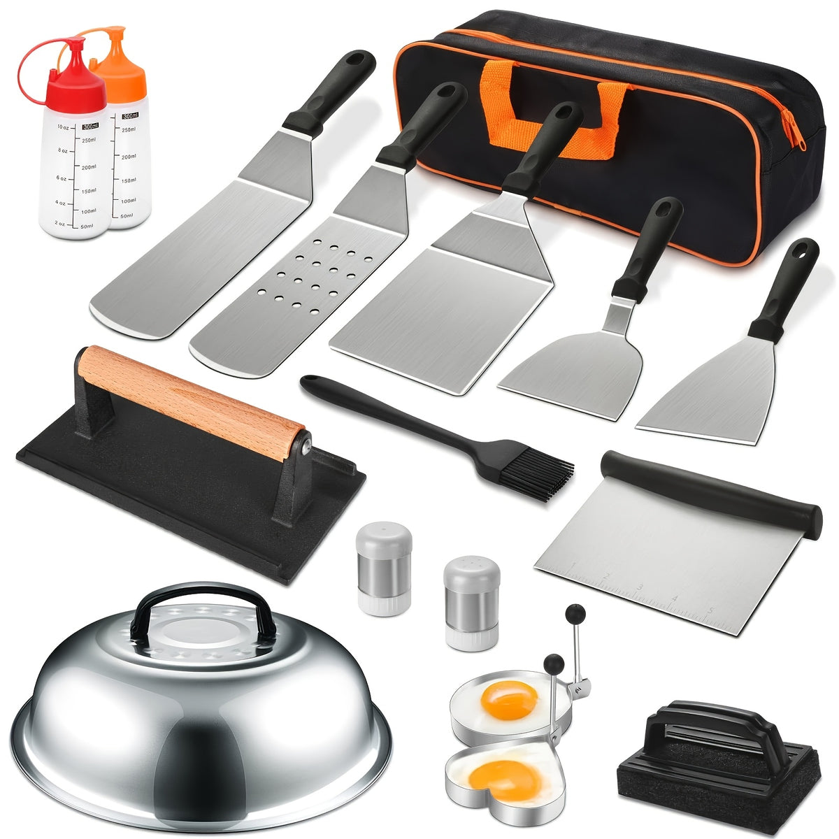 Griddle Accessory Kit, 18-Piece Stainless Steel BBQ Tool Set with Burger Smasher, Spatula Tools and Grill Cover for Outdoor Flat-Top Cookouts