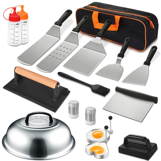 Griddle Accessory Kit, 18-Piece Stainless Steel BBQ Tool Set with Burger Smasher, Spatula Tools and Grill Cover for Outdoor Flat-Top Cookouts