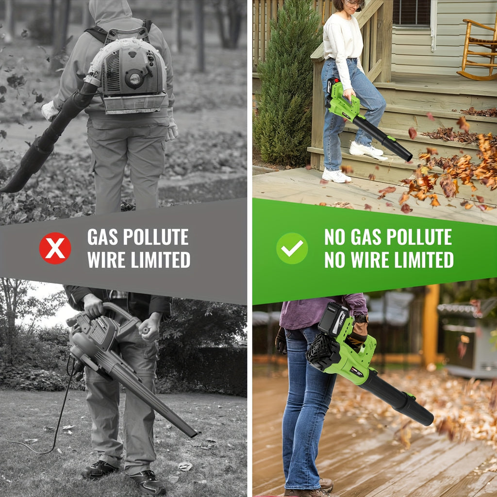 Extension Nozzle Leaf Blower with Non-Slip Handle, Green 4000mAh or Yellow 2000mAh One- and Two-Battery Options for Outdoor Leaf Cleanup and Yard Maintenance