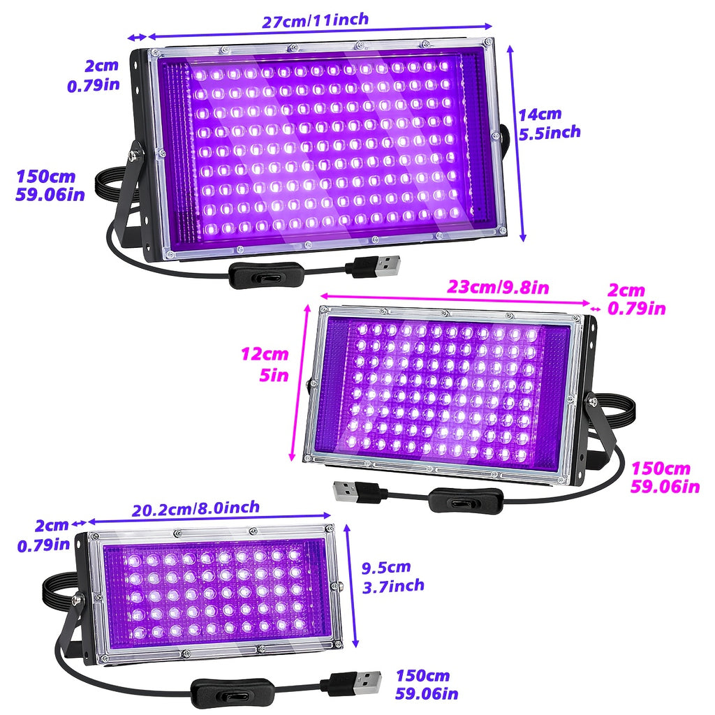 UV LED Screen Printing Exposure Lights, Three-Pack with 50-LED or 96-LED Option Labels, Listed 385–400nm Wavelength, USB Plug, Switch and 59.06-Inch Cord