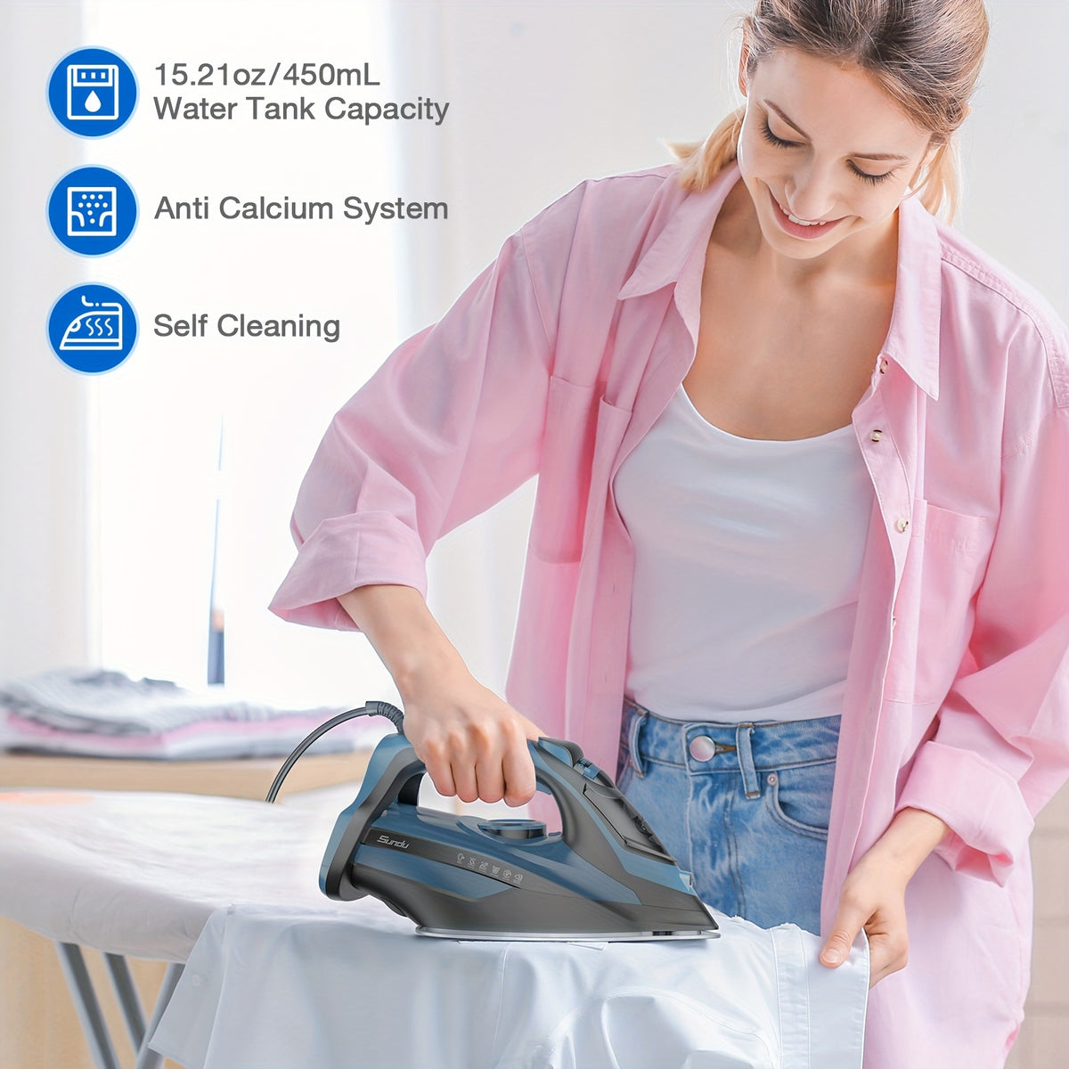 Steam Iron for Clothes 1700W in Blue with Ceramic-Coated Soleplate, Adjustable Thermostat, Self-Cleaning and Automatic Shut-Off for Home Garment Care