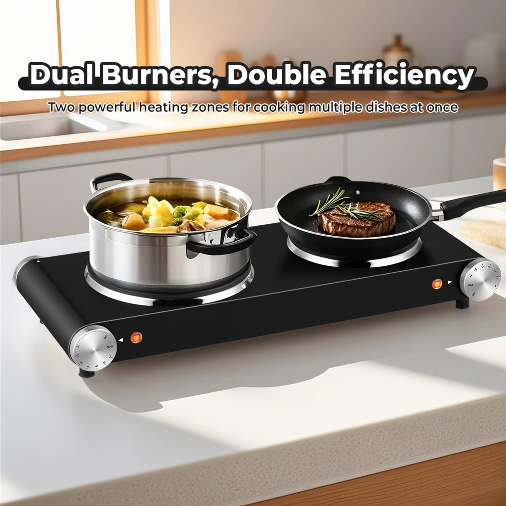 Double Burner Infrared Hot Plate by COKLAI MAX, Portable Electric Cooktop with Dual Temperature Control and Stainless Steel Body for Home Cooking