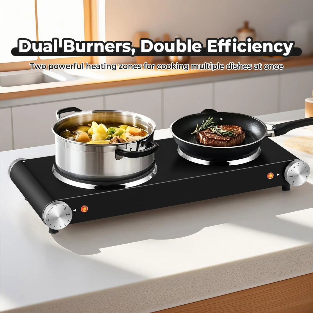 Double Burner Infrared Hot Plate by COKLAI MAX, Portable Electric Cooktop with Dual Temperature Control and Stainless Steel Body for Home Cooking