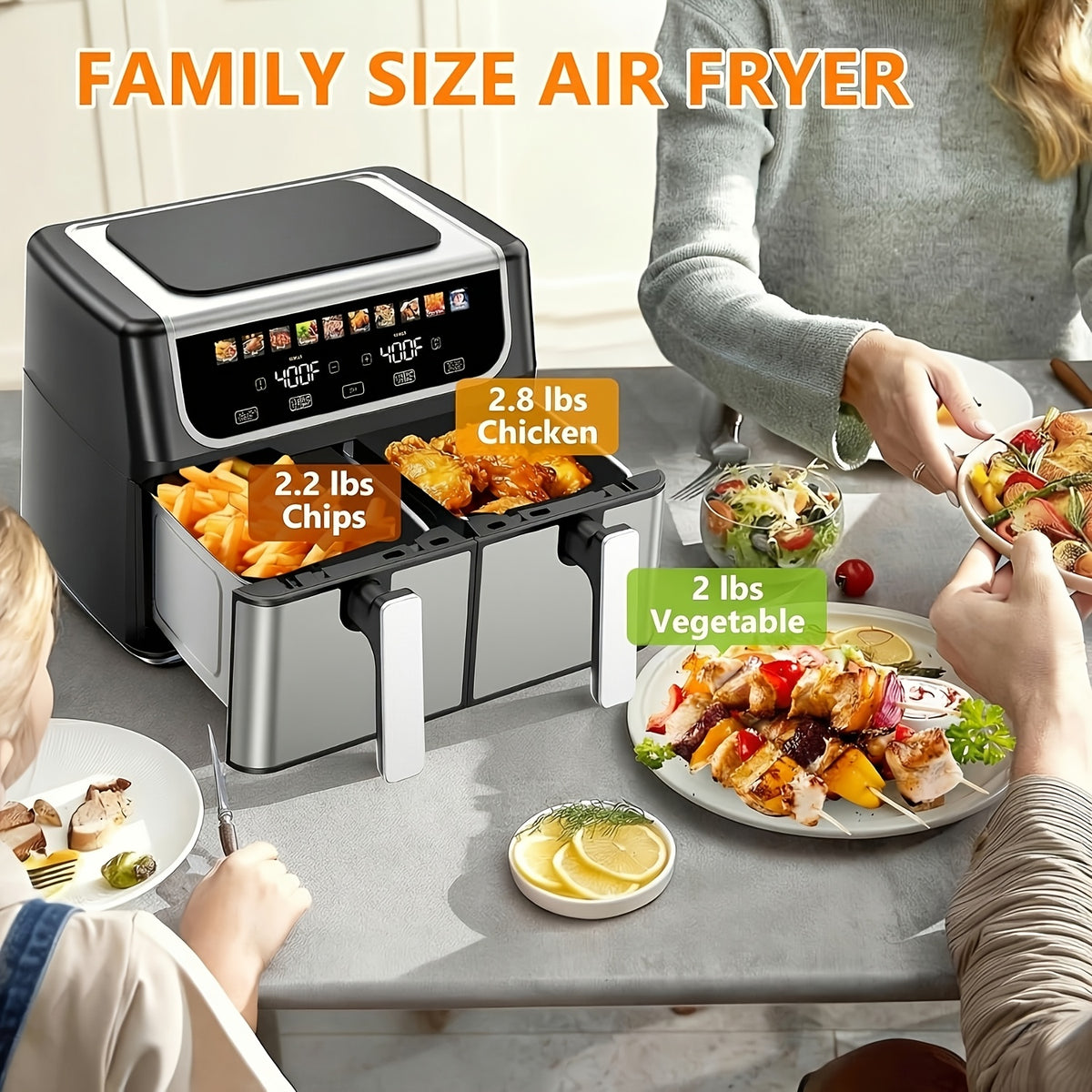 Dual Basket Air Fryer with Listed 9.5 Quart Capacity, Independent Temperature Control, Sync Mode, 10 Presets and Shake Reminder in Black or Gray
