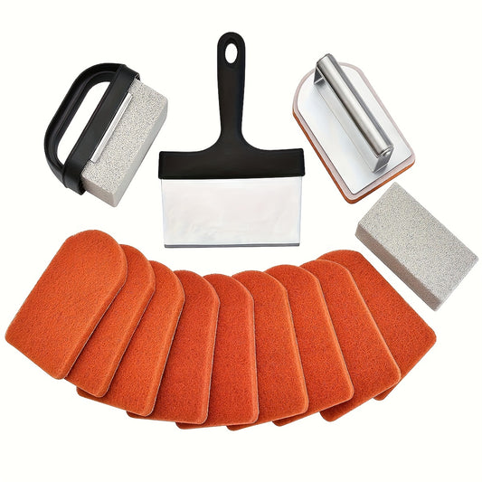 Griddle Cleaning Kit, 15-Piece Flat Top Grill Cleaning Set with Grill Stone, Scraper and Stainless Steel Handle Brush for Backyard Barbecue Care