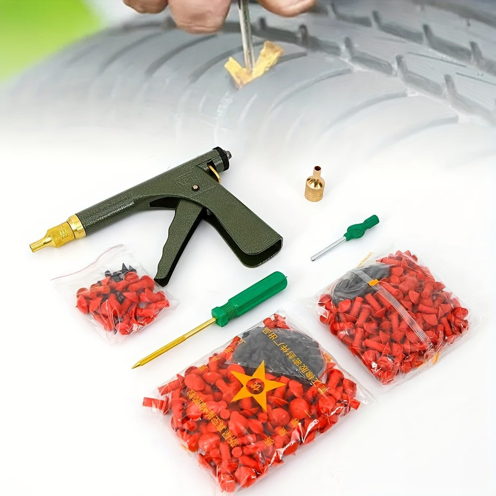 Mushroom Tire Plugger Gun Kit for Compatible Tubeless Tires, Spring-Loaded Insertion Tool with Probe and Nozzle References in a Metal Material Selection
