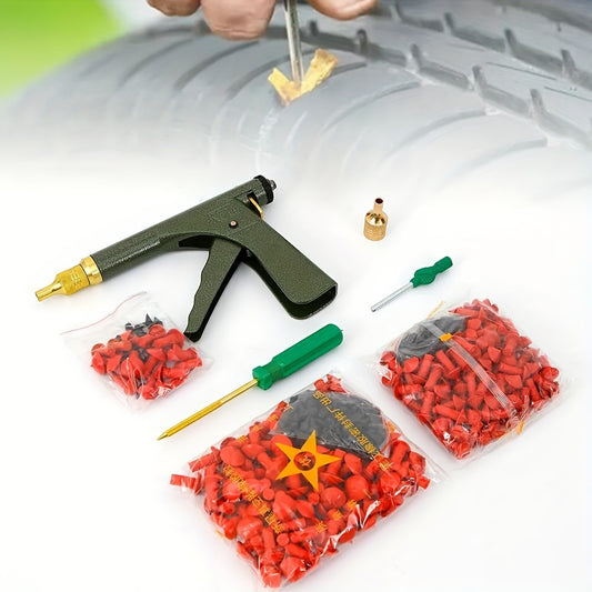 Mushroom Tire Plugger Gun Kit for Compatible Tubeless Tires, Spring-Loaded Insertion Tool with Probe and Nozzle References in a Metal Material Selection