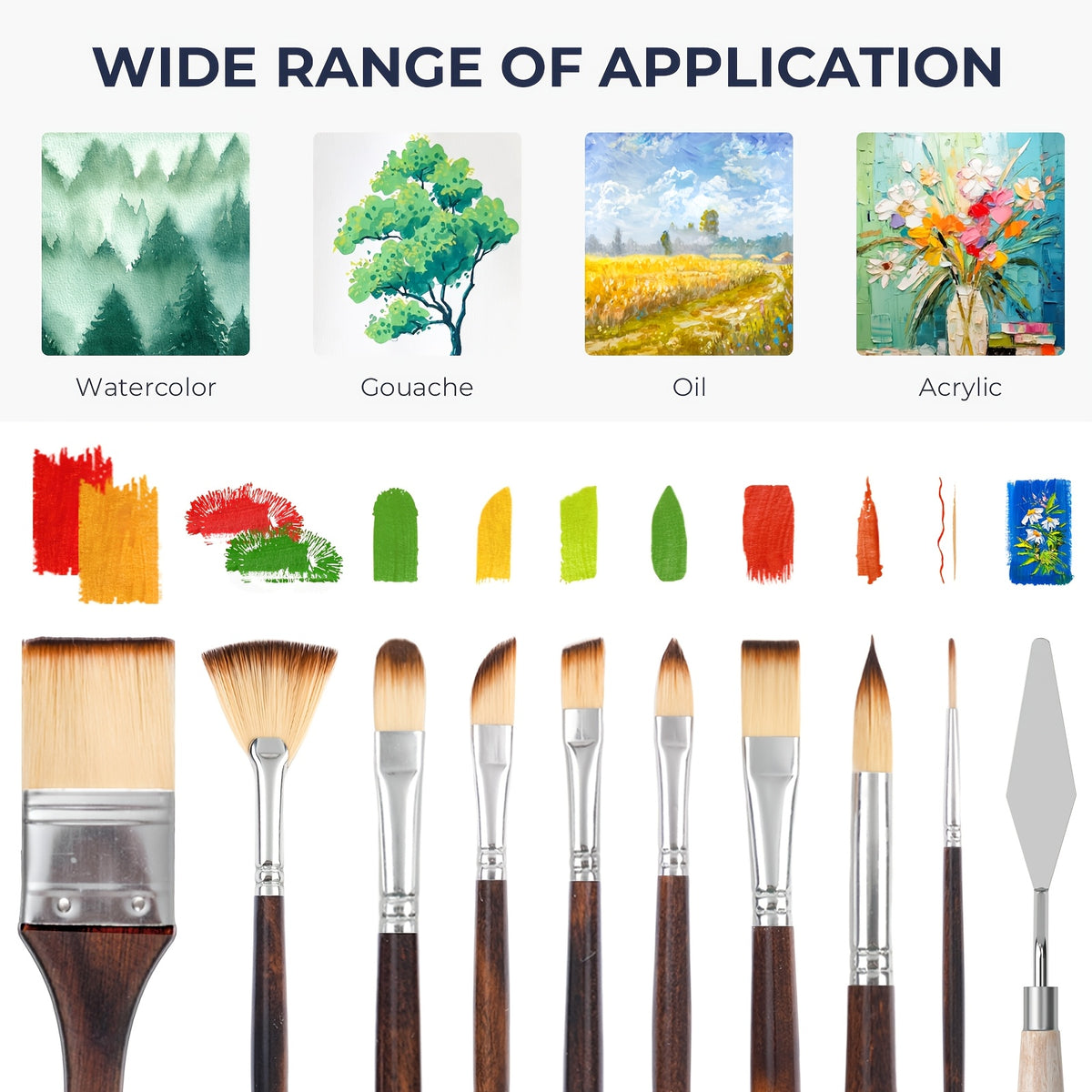 Nine-Shape Synthetic Paint Brush Set with Listed Palette Knife and Canvas Roll, Wooden, Black or Pastel Options for Acrylic, Oil, Watercolor and Gouache Art