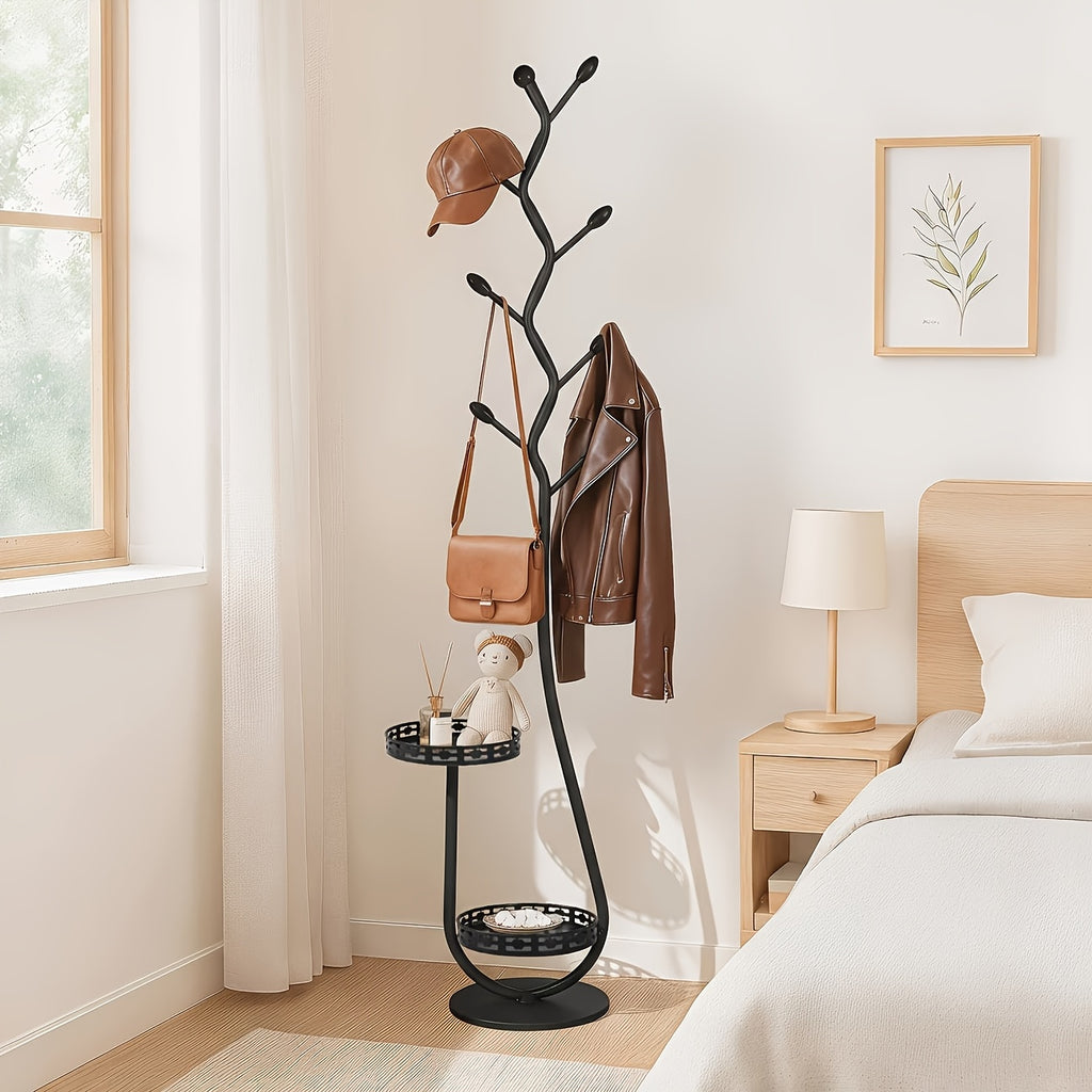Clothes Rack with Shelf, Freestanding Metal Vertical Organizer in White or Black for Coats, Hats and Scarves, Single Rack for Everyday Home Clothing Storage