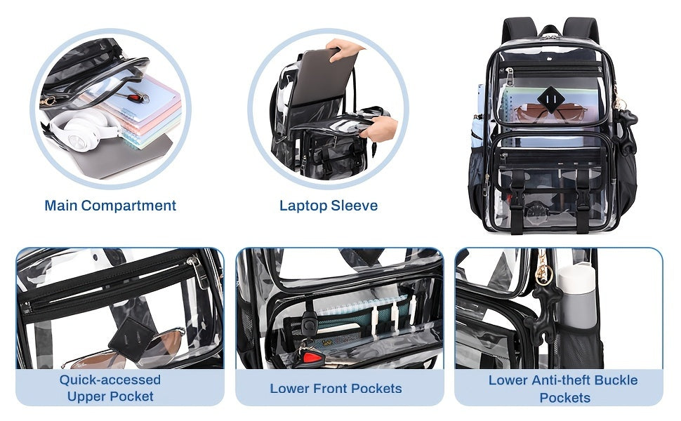 Clear PVC Backpack with Listed See-Through Book Bag Design, Black, Black Fully Transparent or Pink Options for Office Carry and Everyday Outings