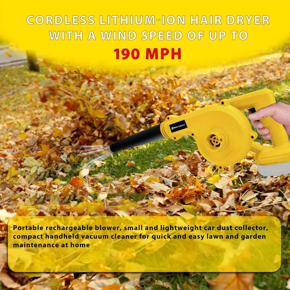 Portable Battery Leaf Blower, Yellow or Black Cordless Handheld Yard Tool with One- or Two-Battery Configurations and Selected Seven-Piece Sets for Leaf Cleanup