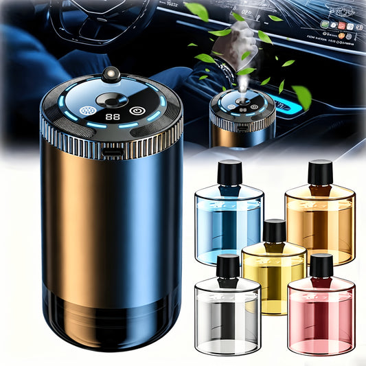 Rechargeable Car Air Freshener Set with Three Fragrance Bottles, Adjustable Smart Diffuser with Automatic Switch and Five Listed Scent Options