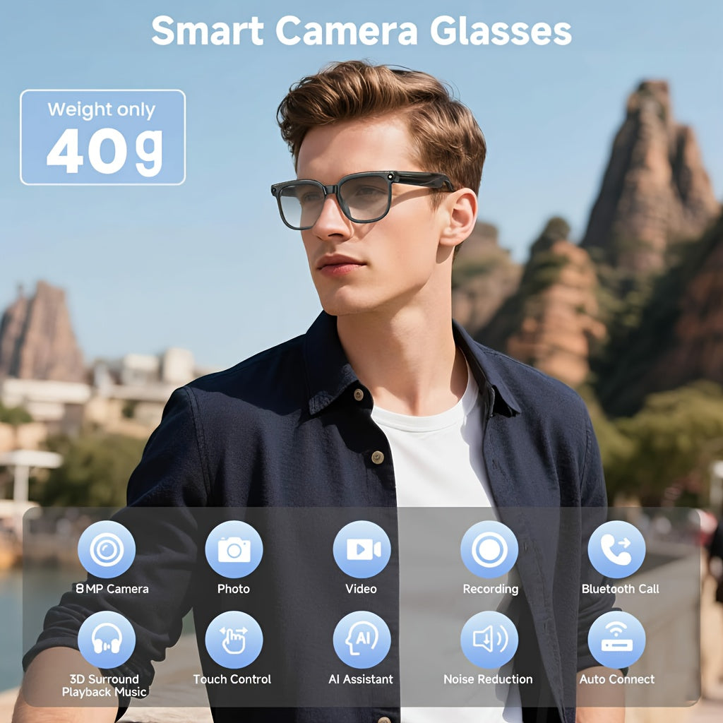 M08S-AI and M02S-AI Camera Smart Glasses with Listed Video and Audio Recording, Translation, Voice Assistant, Object Recognition, Music and Calling Features