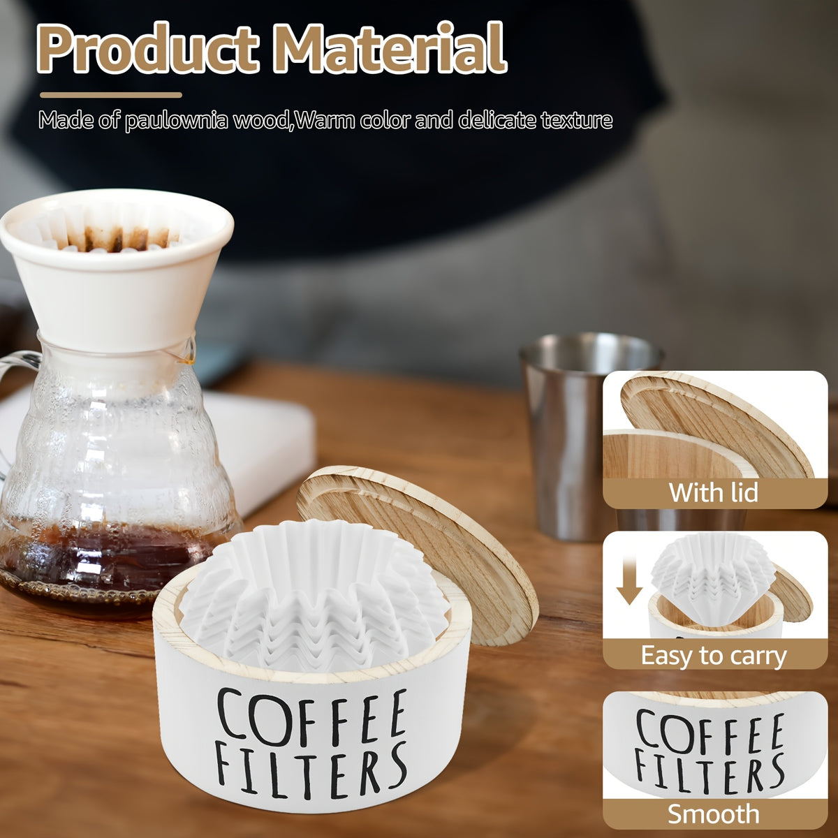 Coffee Filter Holder with 50 Filters for Coffee Bar Organization, White Wooden Round Countertop Storage Container, 16cm Diameter and 9cm Height