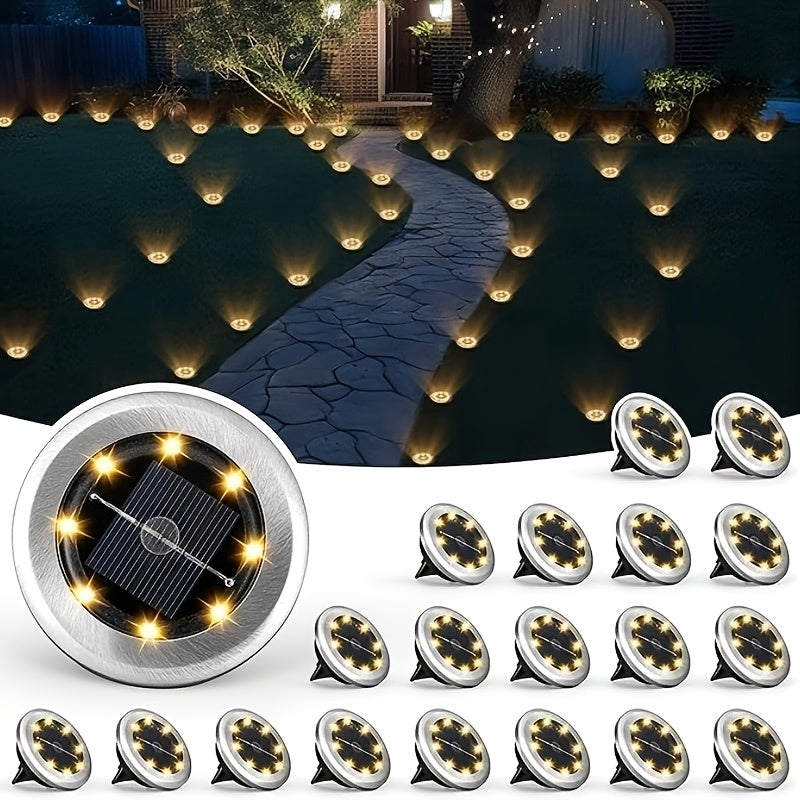Solar In-Ground Lights in White or Warm Light, 8 or 16-Piece Garden Accent Packs with Listed Eight-LED Design and IP44 Rating for Lawn and Pathway Borders