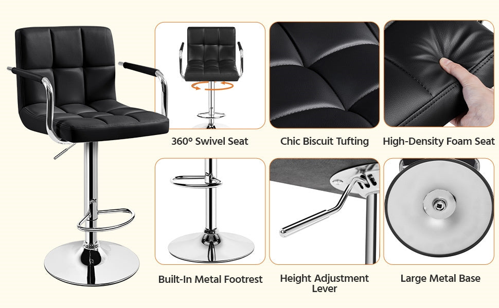 PU Leather Bar Stools Set of 2 by Costoffs, Adjustable Height and 360-Degree Swivel Seats with Backrests, Footrests and Steel Bases for Kitchen Islands