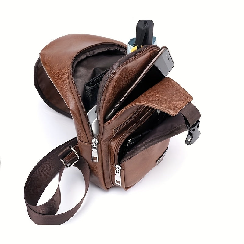 Faux Leather Sling Chest Bag with USB Port for Men and Women, Mini Single-Strap Crossbody Carry Bag in Black or Light Brown for Daily Outings and Travel