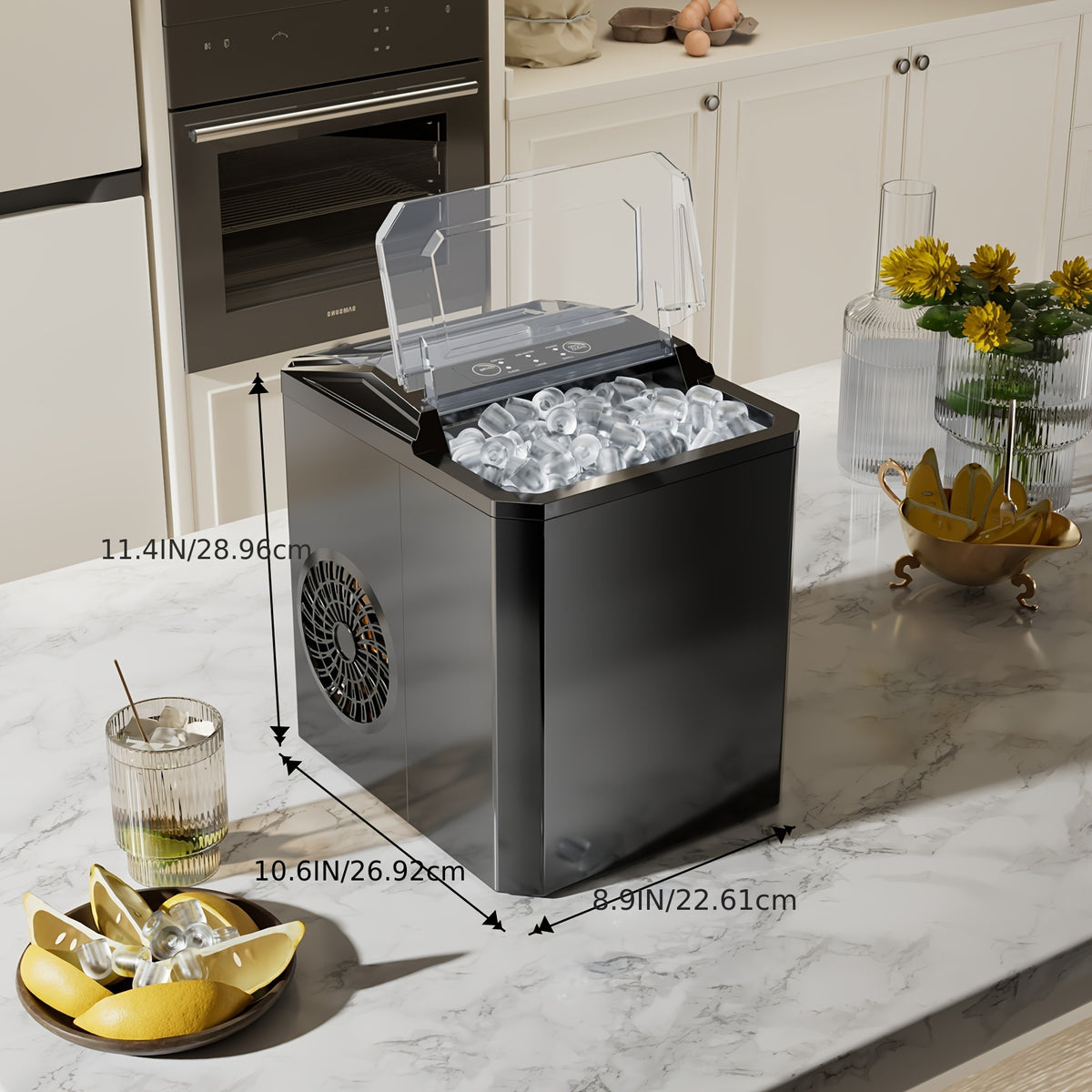 Compact Bullet Ice Maker, 9 Cubes in 6 Minutes and 26.5 lbs Daily Output, Self-Cleaning Ice Machine with Basket and Scoop for Home, Parties and RV Use