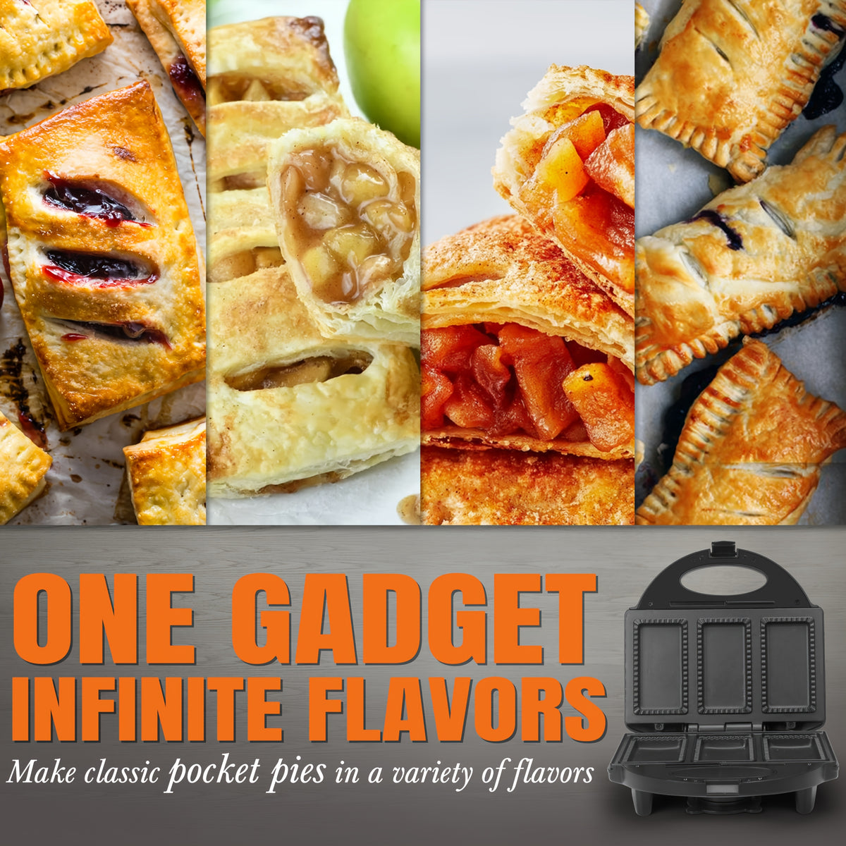Electric Pocket Pie Maker with Listed Crust Cutter and Dual Nonstick Cooking Plates, Graphite Pie Press for Homemade Snack and Dessert Preparation