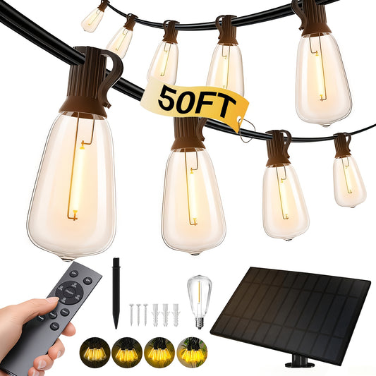 ST38 Solar Patio String Lights with Listed 2700K Warm Light and E12 Base, 100 to 200ft Length Options for Garden, Courtyard and Party Backdrop Decoration