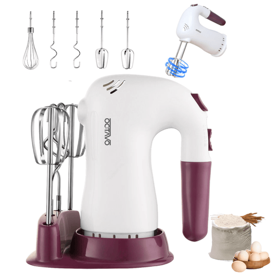 Handheld Electric Mixer in White with Storage Stand, Listed 400W Motor, Five Speeds, Turbo Boost and Stainless Steel Whisk, Beaters and Dough Hooks
