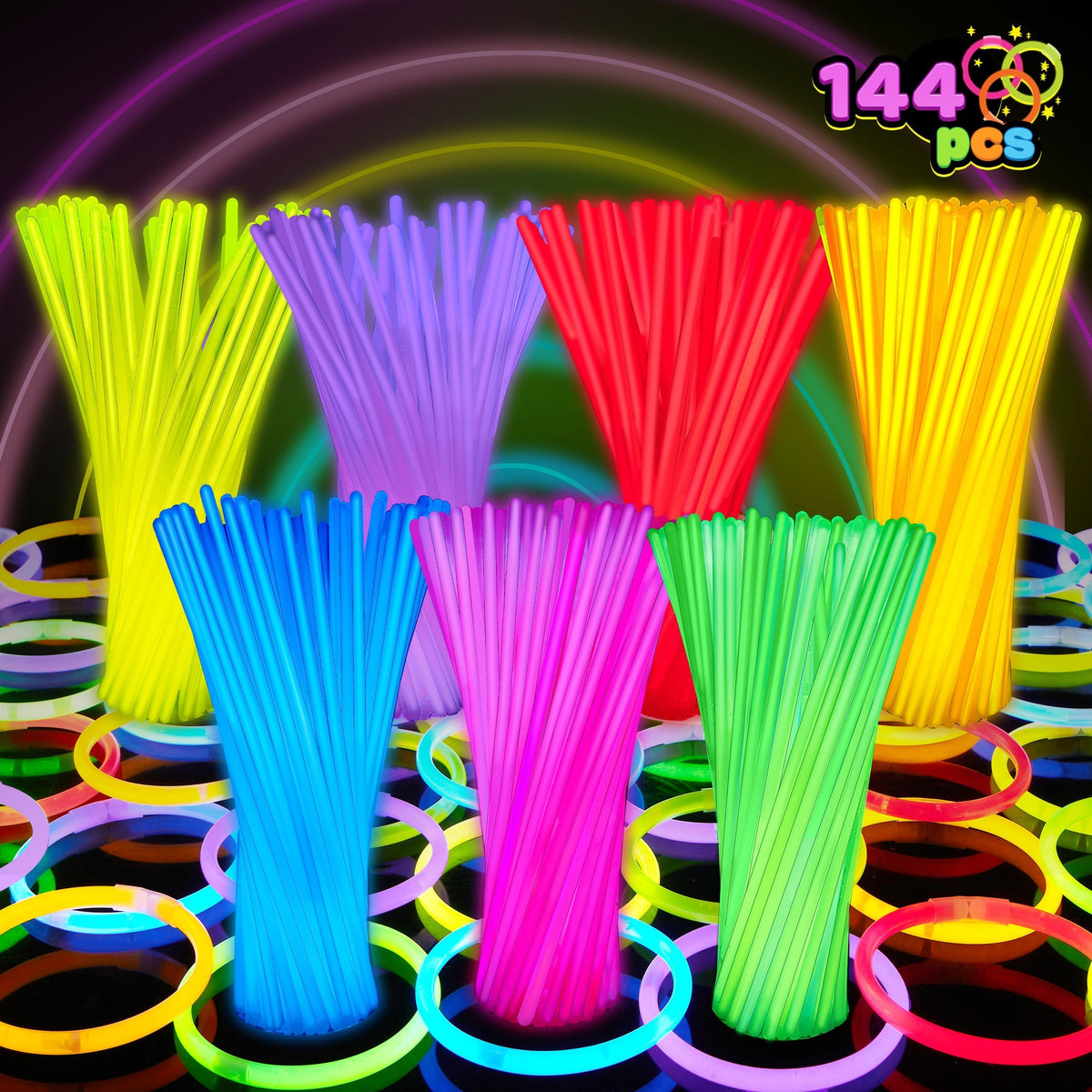 8-Inch Glow Sticks 144-Pack in Seven Colors, Bulk Glow Party Favors for Bracelet and Necklace Activities, Halloween, Birthdays and Football Celebrations
