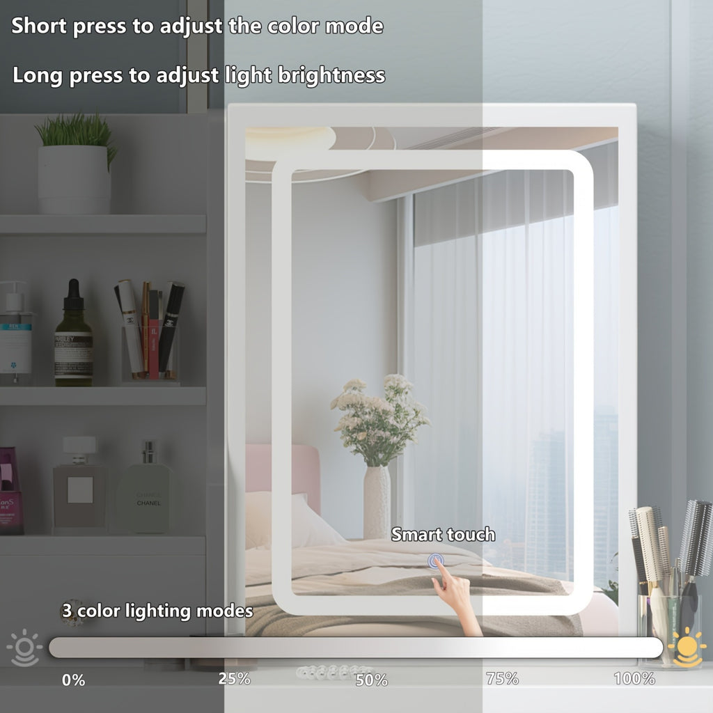 Makeup Vanity with Lighted Mirror, White Dressing Table Set with 5 Drawers, Stool and Open Shelves, 3 Light Settings and Adjustable Brightness
