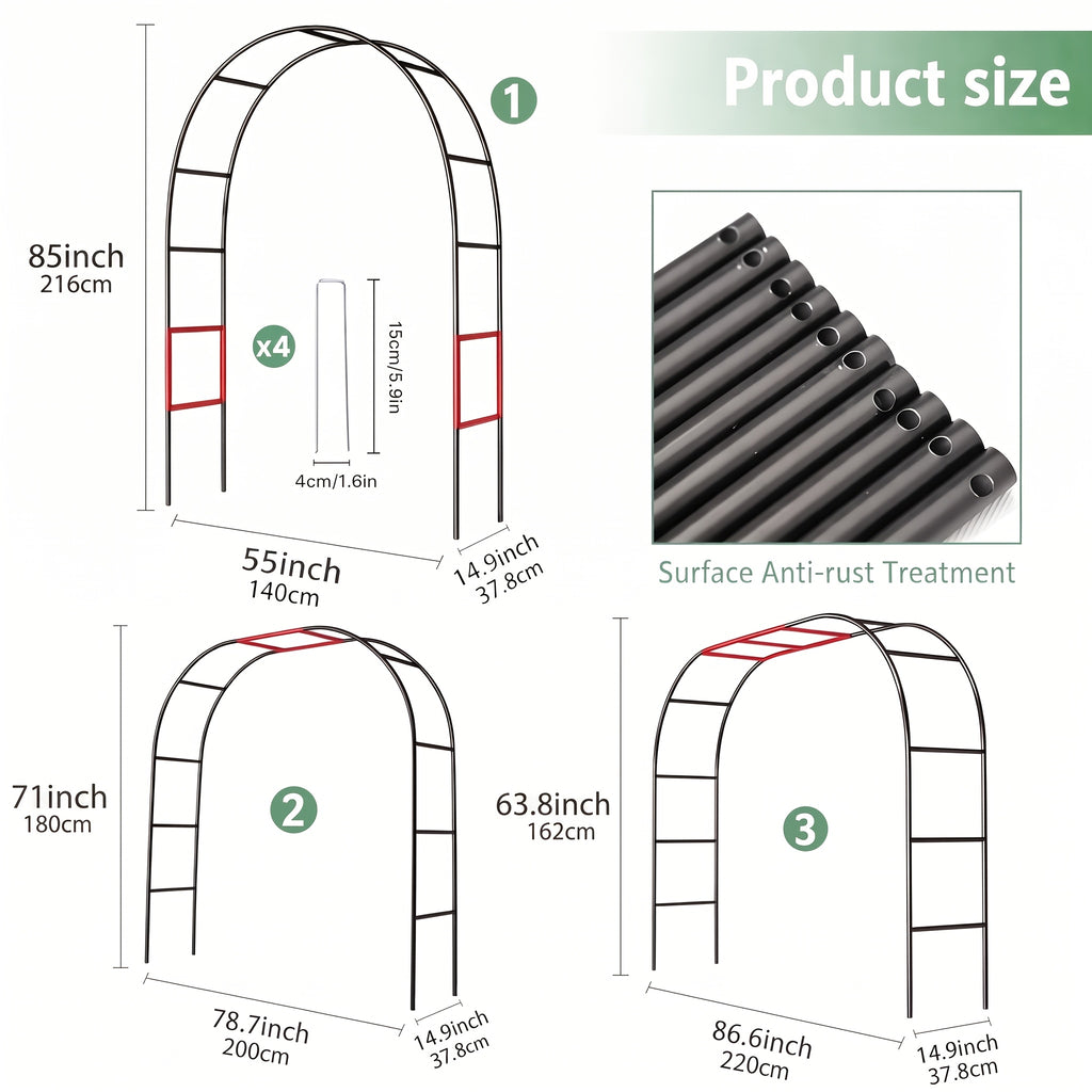 Garden Arbor Arch for Climbing Plants, Metal Wedding Trellis with Two Assembly Size Configurations, White or Black with Base and Black without Base Options