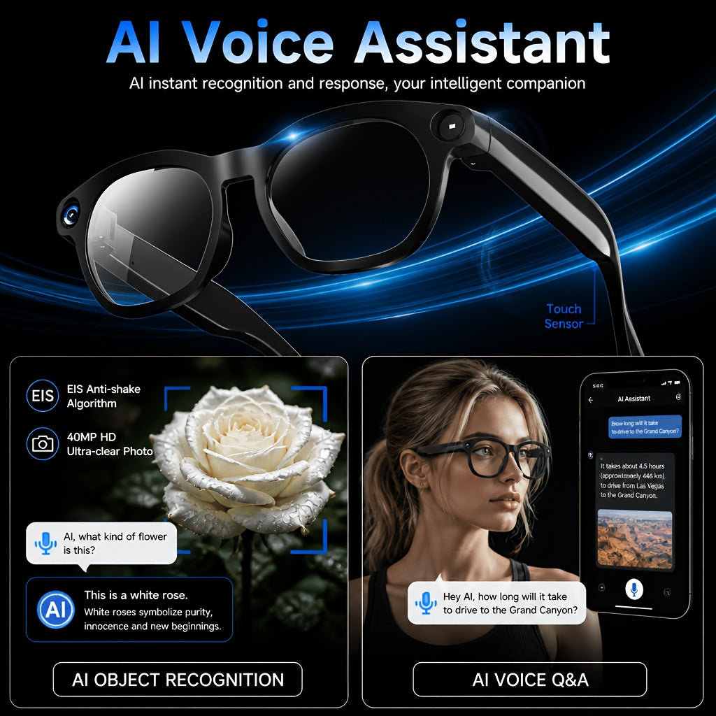 Voice-Wake Smart Camera Glasses with Listed 8MP Imaging, Photo and Video Capture, Real-Time Translation, Voice Assistant, Wireless Music and Call Features