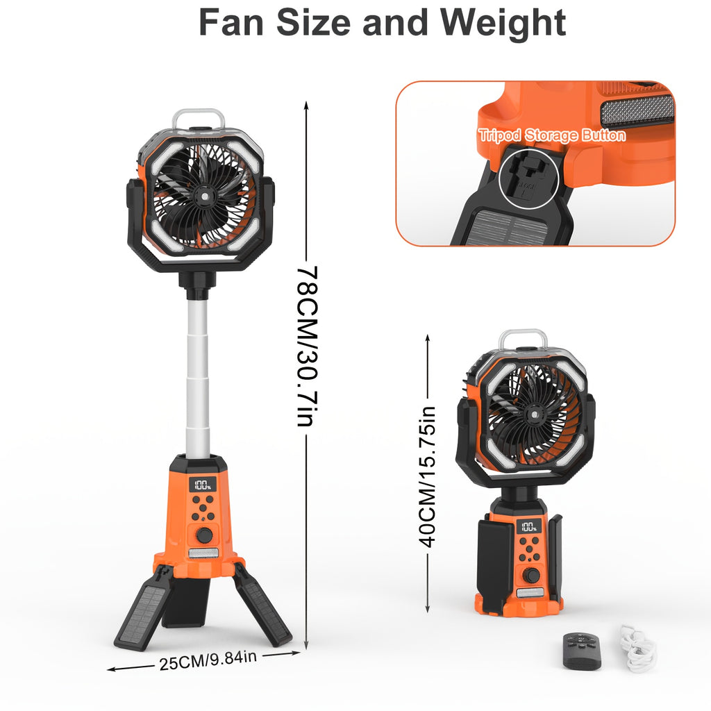 Portable Tent Fan F30P with Listed 20000mAh Rechargeable Battery, LED Light, Hook, 8-Blade Design and 270° Rotation for Camping in Black or Orange