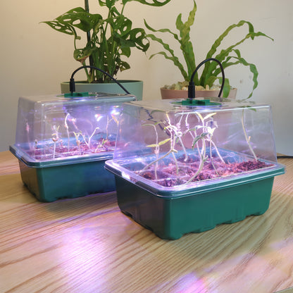 Seed Starting Trays with Grow Light, 5-Set Seedling Kit with Elevated Adjustable Humidity Domes and Clear Cell Trays for Greenhouse Gardening