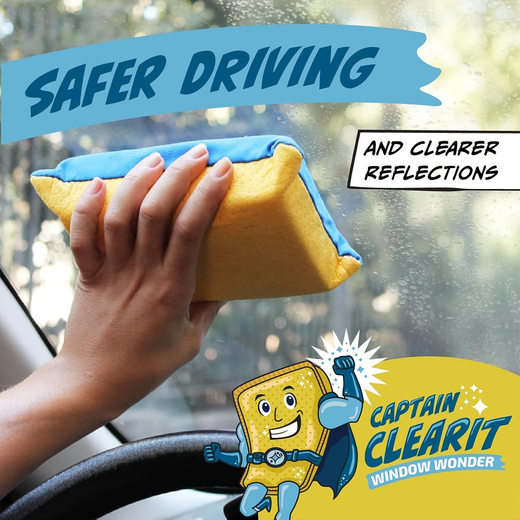 Car Glass Cleaning Sponge by Captain Clear, Blue and Yellow Single-Piece Wiping Tool for Compatible Vehicle Windows, Mirrors and Everyday Auto Care