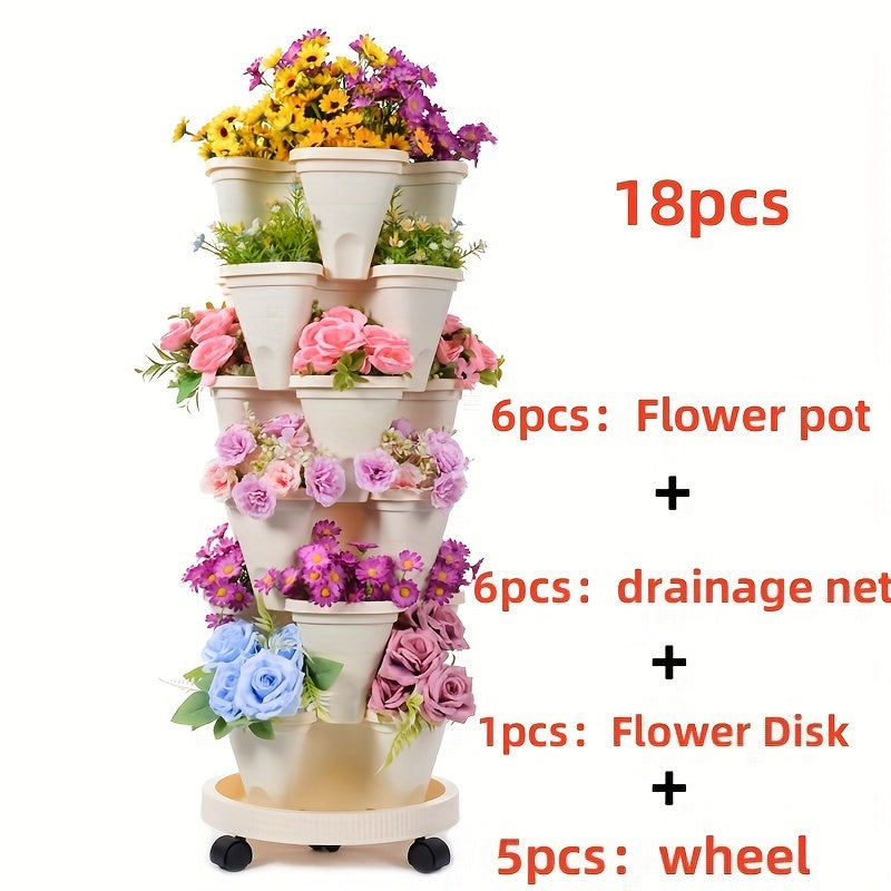 Vertical Garden Stackable Planter Set with Listed Six-Layer Petal Design, Wheels and Tools, Seven Color Options for Herbs, Flowers and Compatible Plants