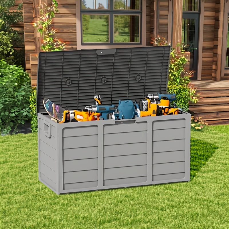 Resin Deck Box with 75-Gallon Capacity and Handles, Gray or Pure Black Outdoor Storage Container for Compatible Patio, Garden and Poolside Essentials