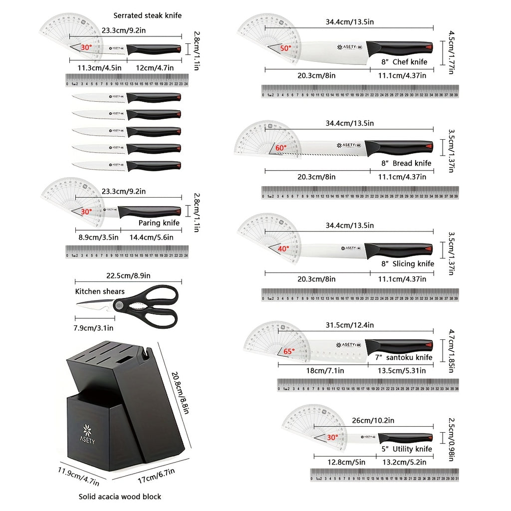 Asety Kitchen Knife Set with PP Handles, 15-Piece Cutlery Selection in Standard or Black Spray Paint Models for Everyday Home Cooking and Ingredient Preparation