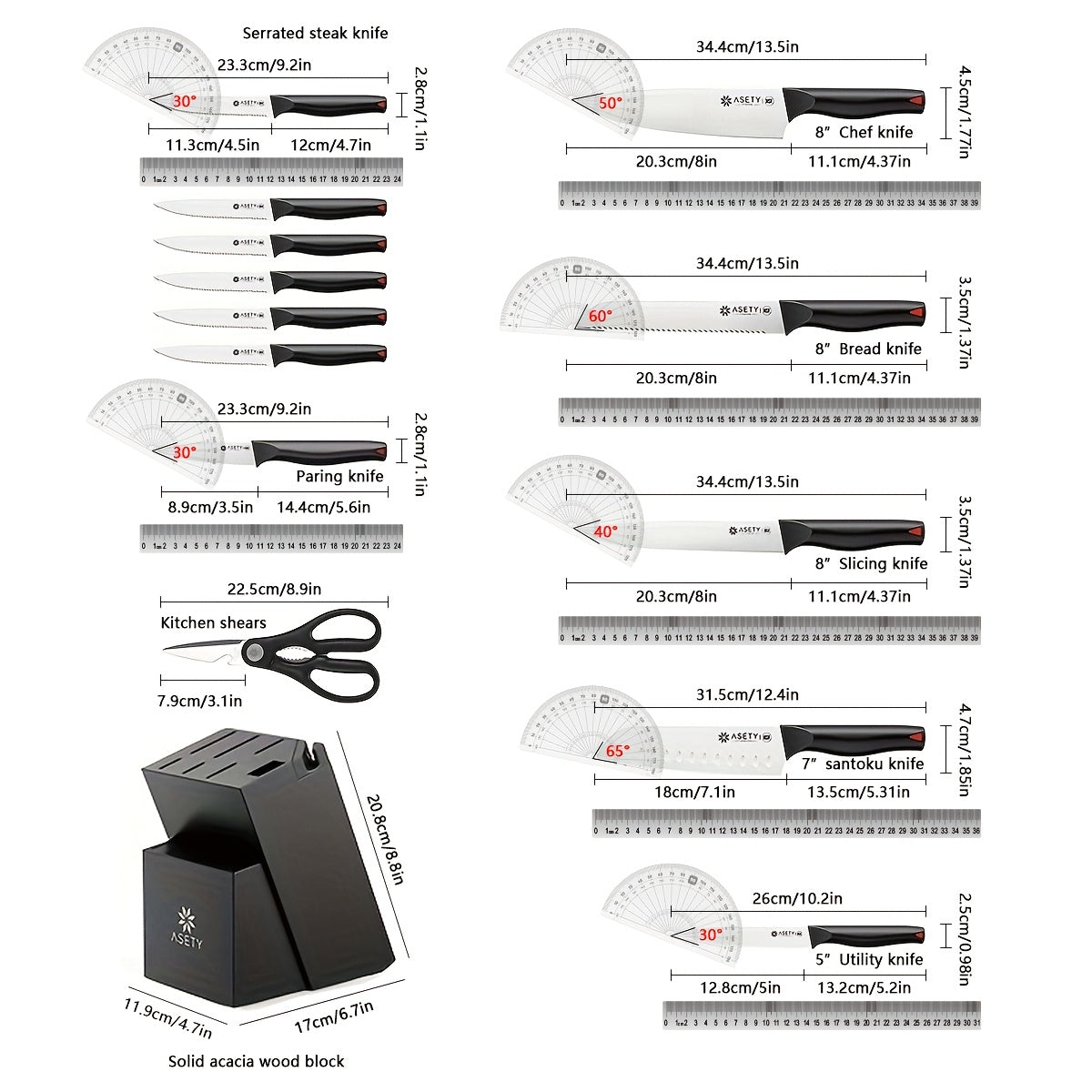 Asety Kitchen Knife Set with PP Handles, 15-Piece Cutlery Selection in Standard or Black Spray Paint Models for Everyday Home Cooking and Ingredient Preparation