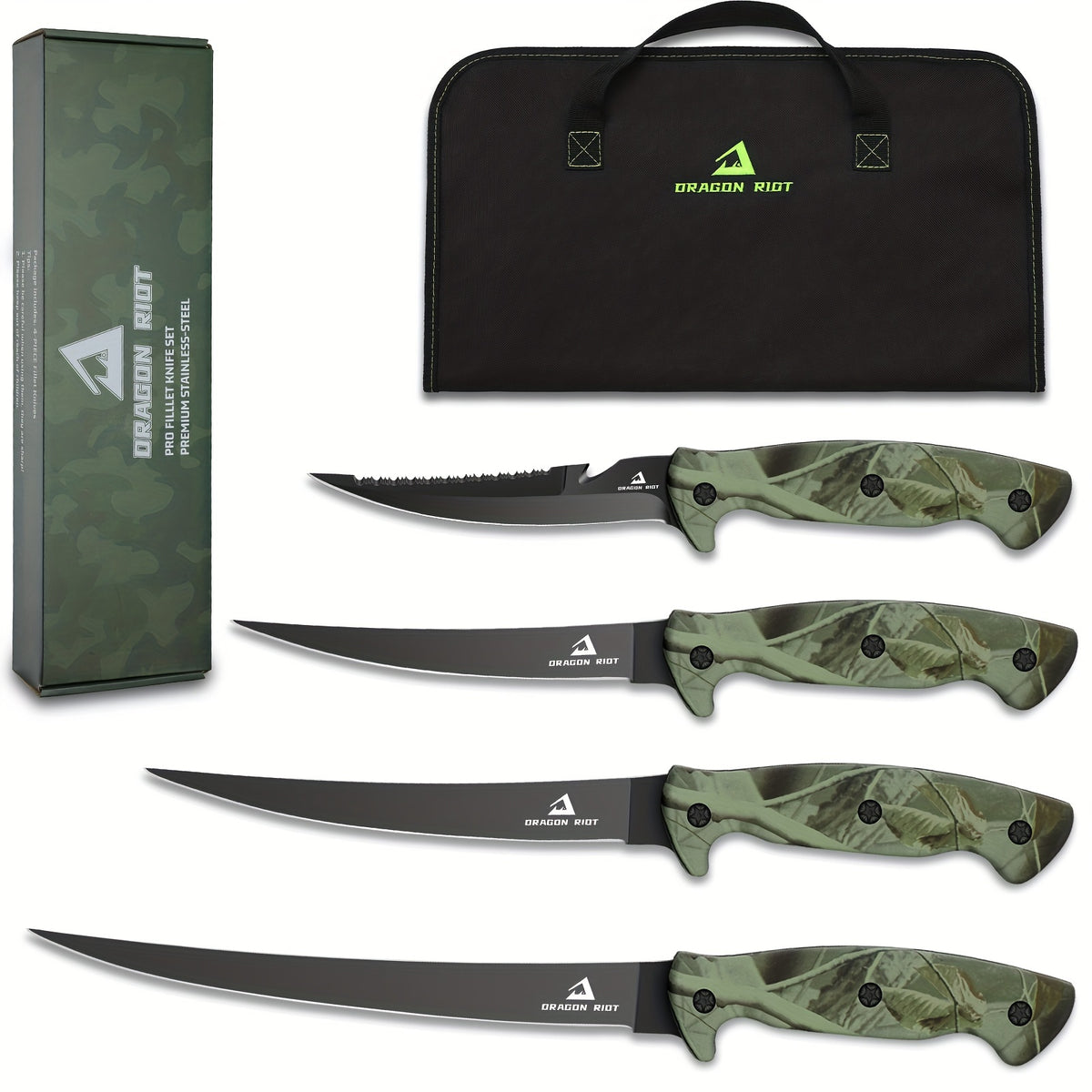 Fish Fillet Knife Set with 5, 6, 7 and 9 Inch Listed Blades, Stainless Steel Bait and Boning Tools with Carrying Bag, Sharpener and Optional Scissors Selection