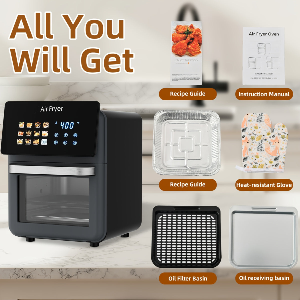 12-in-1 Air Fryer Oven and Grill Combo with Listed 2.64gal Capacity, Glass Viewing Window, Nonstick Basket and Removable Door in Beige or Black
