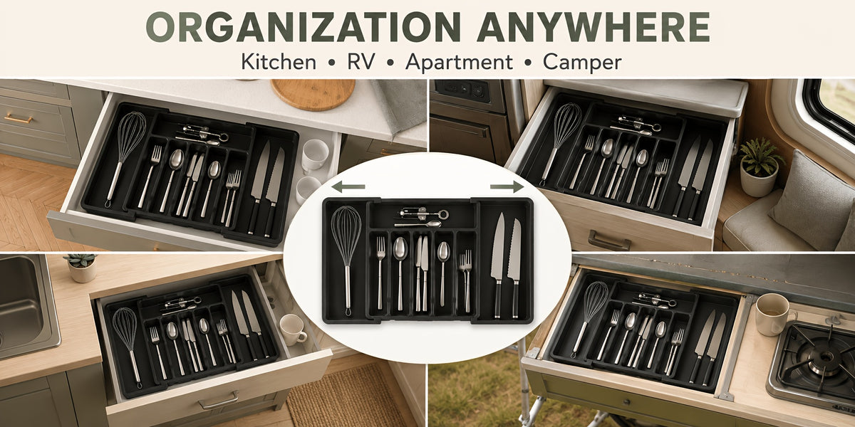 Expandable Silverware Drawer Organizer, BPA-Free Adjustable Plastic Cutlery Tray in Black or White for Kitchen Spoon, Fork and Knife Storage