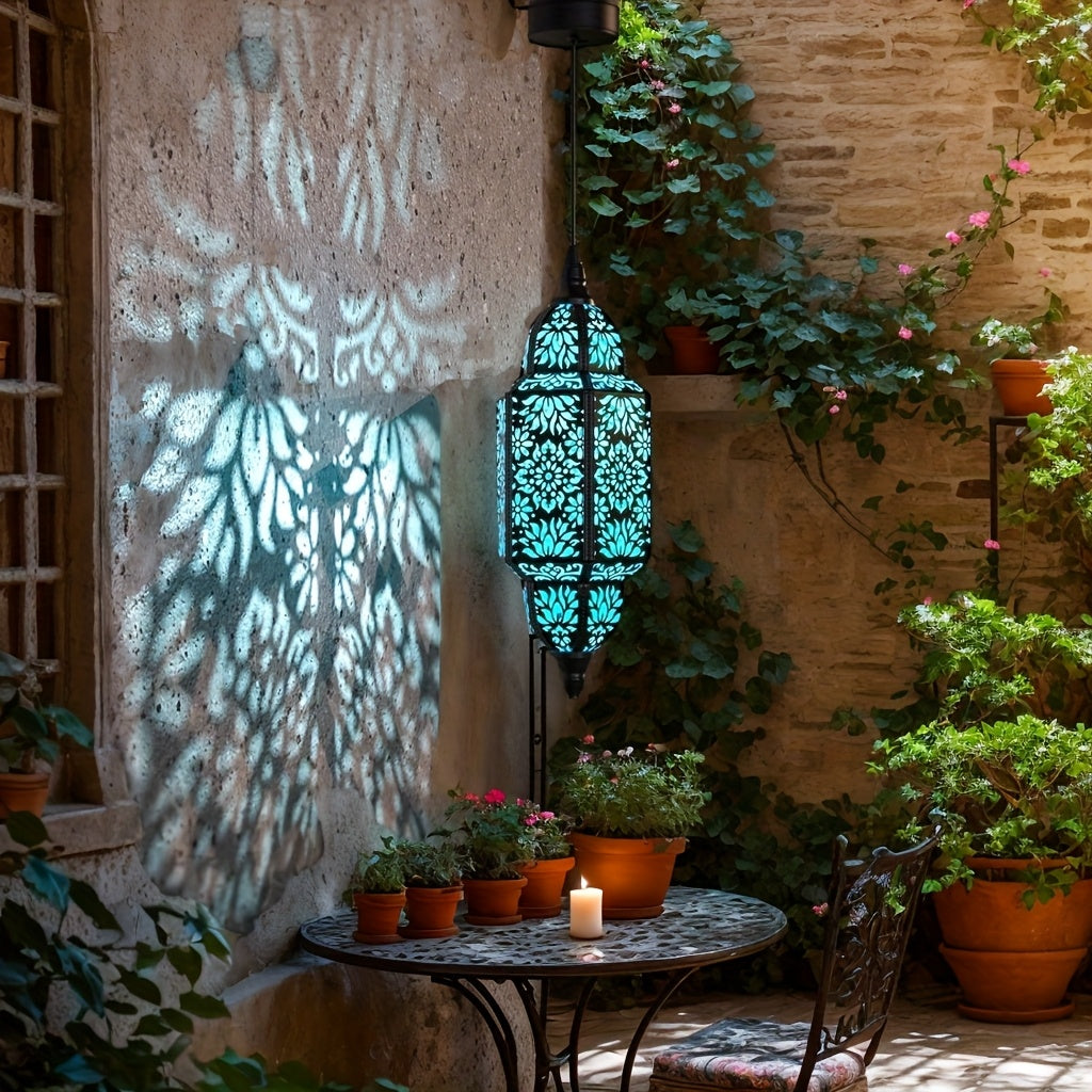 Hexagonal Solar Hanging Lantern, Moroccan-Inspired Hollow Iron Garden Light with Floral Pattern Projections and Automatic Night Lighting for Patio and Porch Decor