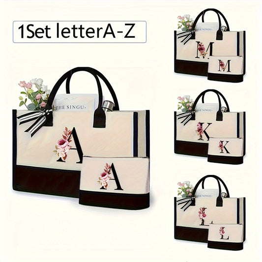 Initial Tote Bag Set for Women with Makeup Storage Bag, Two-Piece Reusable Beach and Shopping Carry Set with Letter Options for Travel and Gifts