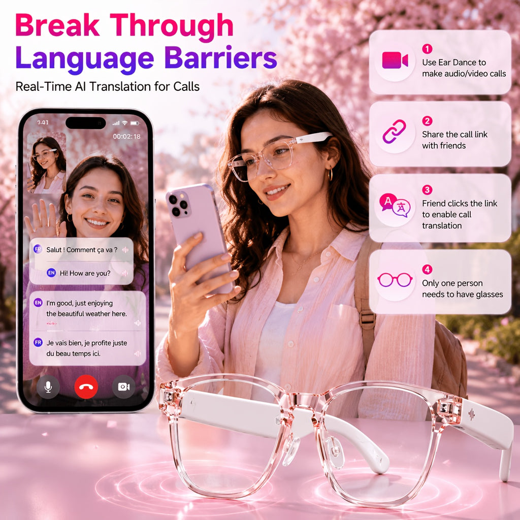 Open-Ear Translation Glasses and Smartwatch Set with Listed 160-Plus Language Functions, Music and Call Controls, Sleep and Activity Tracking, Four Style Labels