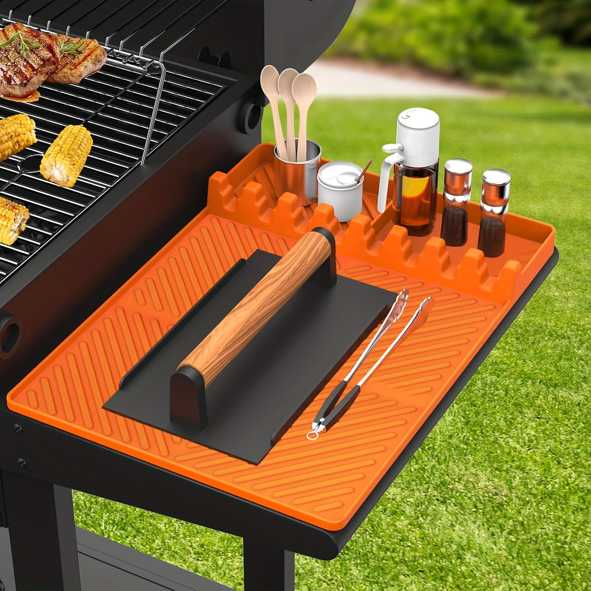 Silicone Griddle Utensil Rest Mat with Raised Edges and Textured Surface, 16 x 11.5 Inch Spatula Drip Pad for Compatible Side Shelves and Kitchen Counters, 1 Pack