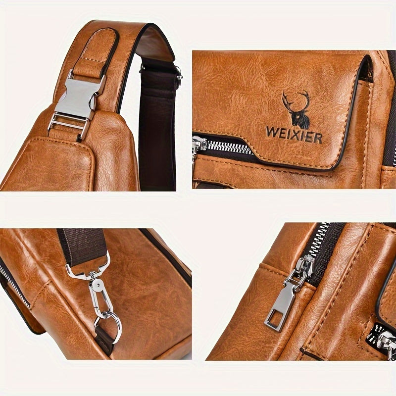 1 Men'S New Faux Leather Retro Casual Simple Chest Bag, Crossbody Large Capacity Multi Compartment Premium Men'S Crossbody Bag, Suitable For Carrying On The Go.