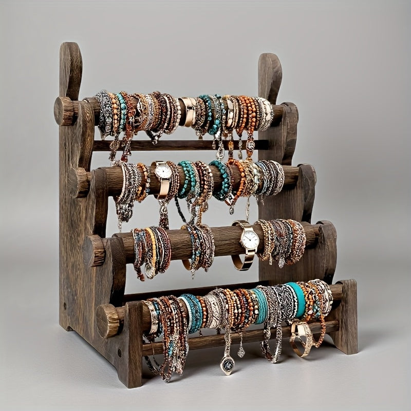 Wooden Bracelet Organizer, 4-Tier Vintage Jewelry Display Rack for Necklaces, Watches and Hair Ties, Desktop Storage for Dresser & Vanity