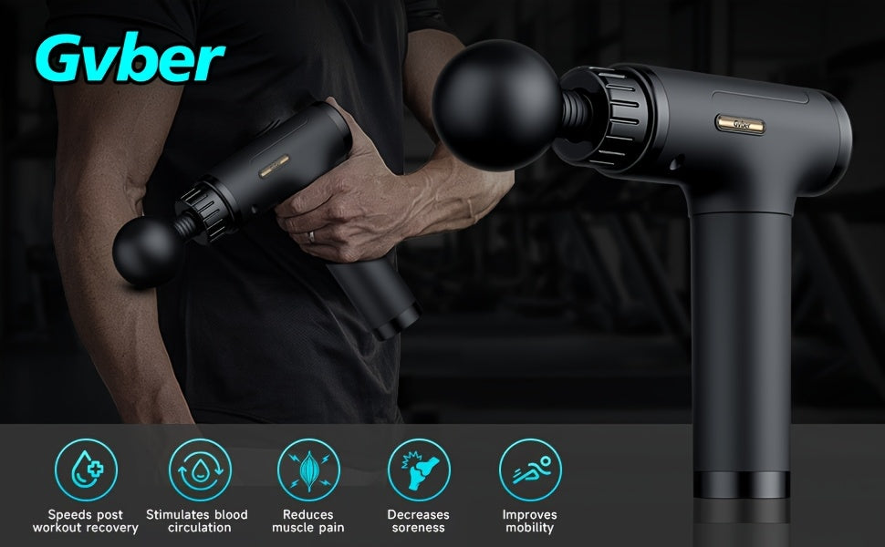 Rechargeable Percussion Massage Gun with 6 Massage Heads, LED Speed and Battery Display, Ergonomic Handheld Design and USB Charging Cable for Home and Gym