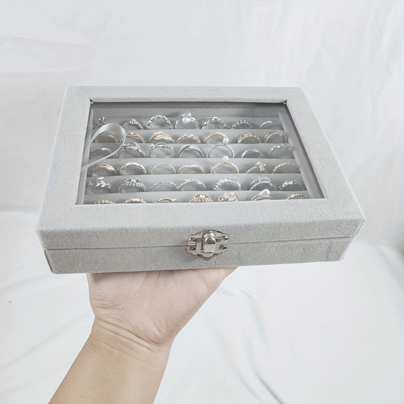 49-Ring Jewelry Storage Box with Glass-Like Plastic Lid and Buckle Closure, Rectangular Ring and Earring Organizer in Gray, Pink, White or Black for Dressers