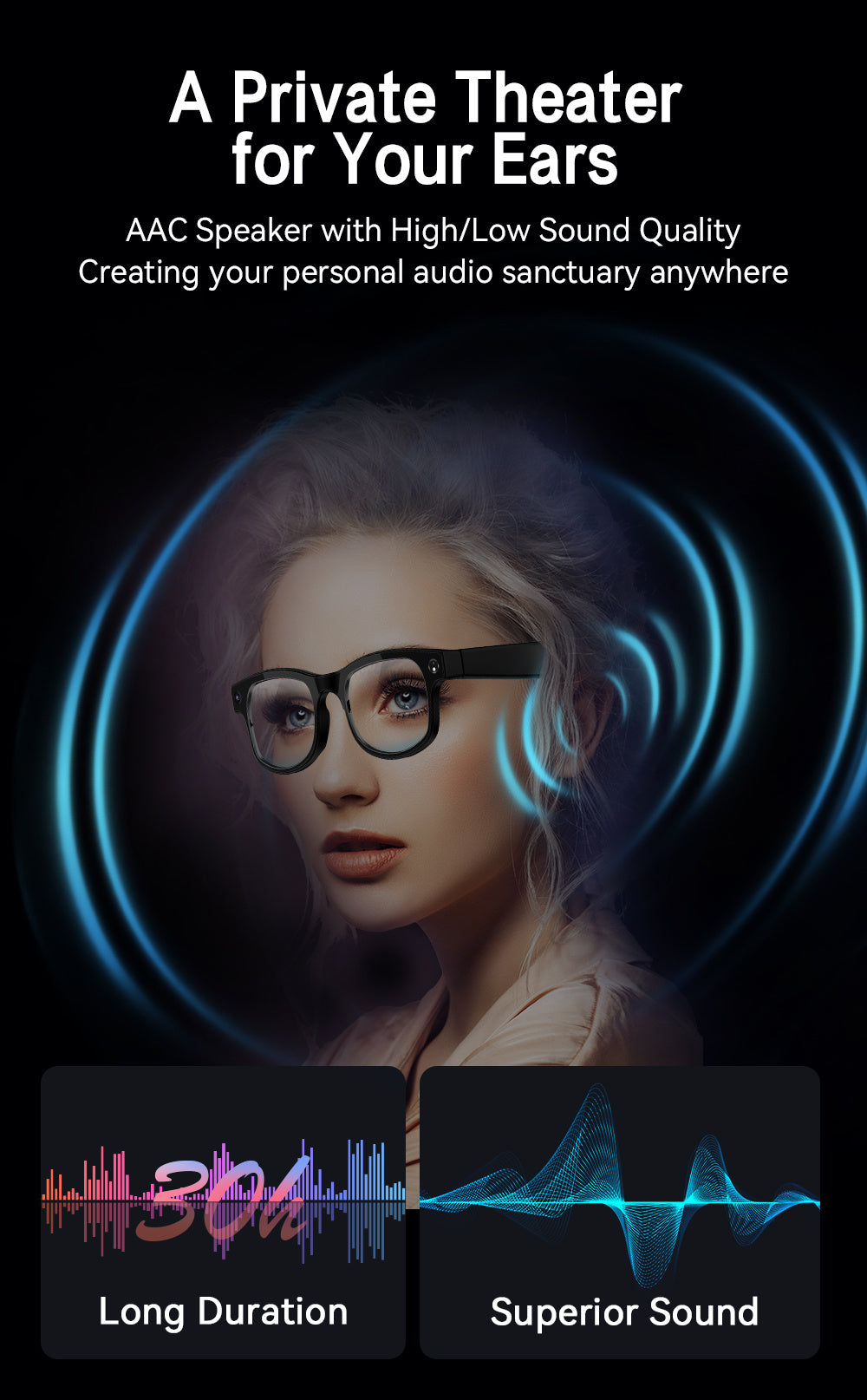 8MP-Labeled AI Camera Smart Glasses in Black with Video and Audio Recording, Bluetooth Calls and Music, Touch Controls and Listed Translation Features