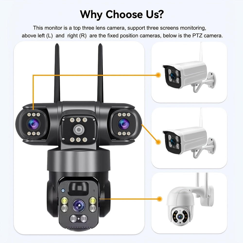 Solar WiFi Security Camera with Three-Lens Design, Listed 4K Pan-Tilt View, PIR Human Alerts and Two-Way Audio in Standard or Plus 32GB Package Labels