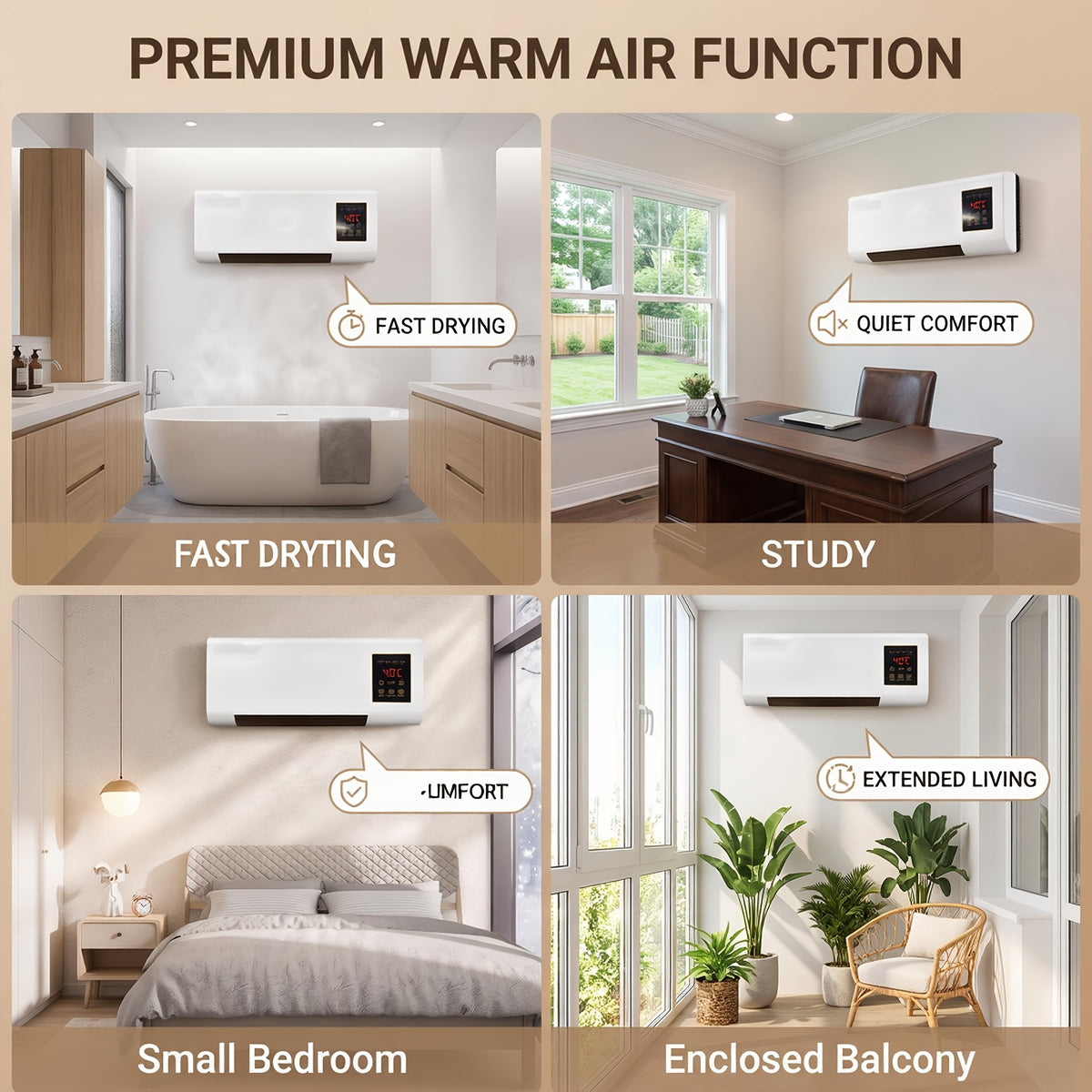 Wall Mounted Electric Heater and Fan in White with Remote Control, PTC Heating and Natural Wind Modes, Compact 60cm Design Without Refrigeration